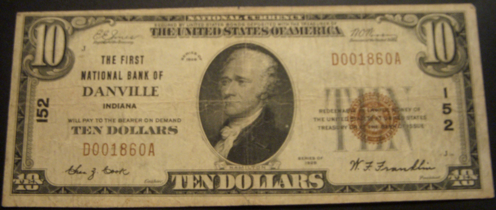 1929 $10 National Bank Note - Danville, IN Bank# 152
