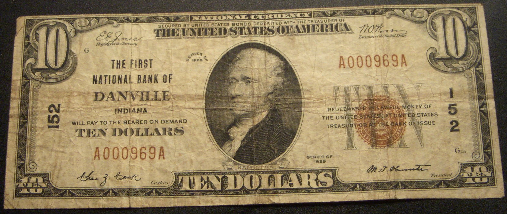 1929 $10 National Bank Note - Danville, IN Bank# 152