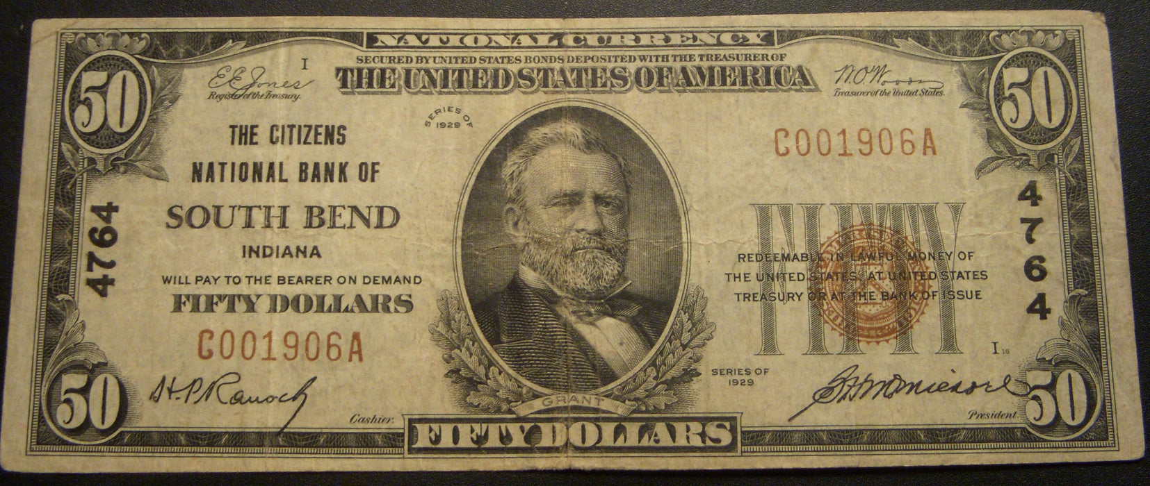 1929 $50 National Bank Note - South Bend, IN Bank# 4764