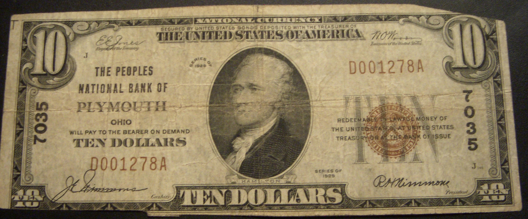 1929 $10 National Bank Note - Plymouth, IN Bank# 7035