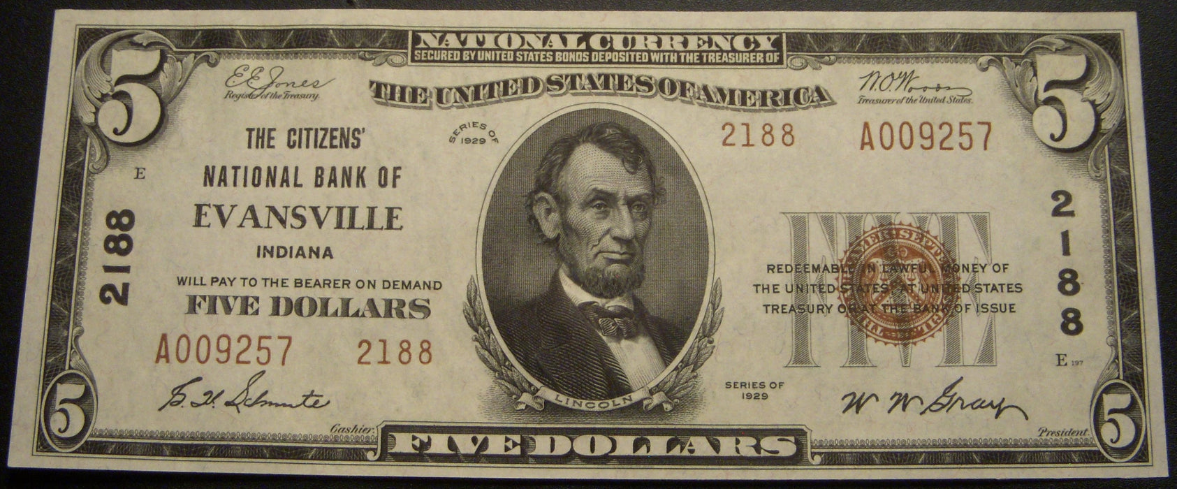 1929 $5 National Bank Note - Evansville IN Bank# 2188