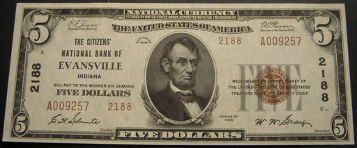 1929 $5 National Bank Note - Evansville IN Bank# 2188