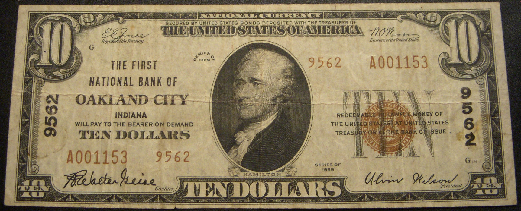 1929 $10 National Bank Note - Oakland City IN Bank# 9563