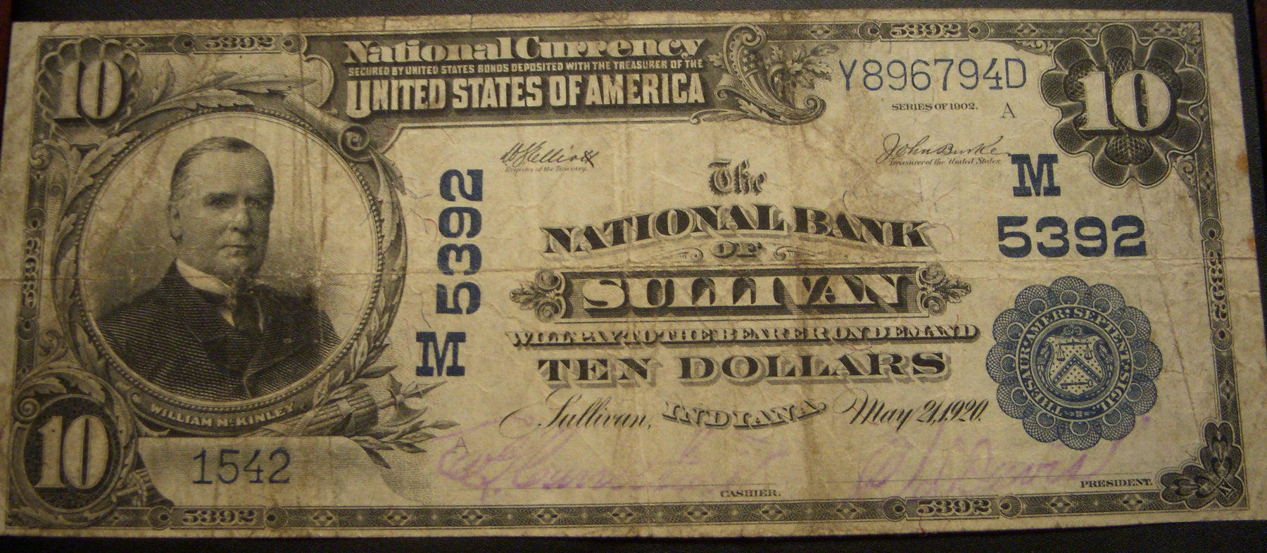 1902PB $10 National Bank Note - Sullivan IN Bank# 5392