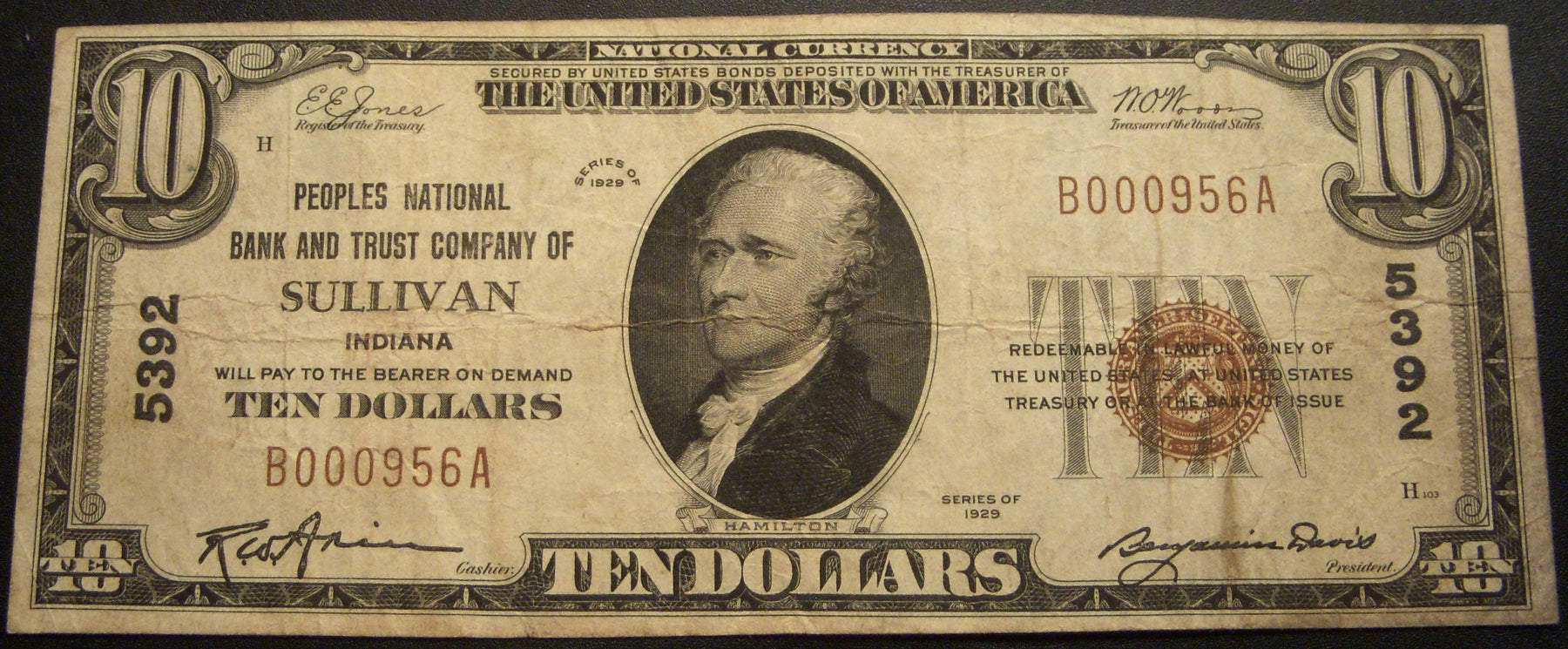 1929 $10 National Bank Note - Sullivan IN Bank# 5392