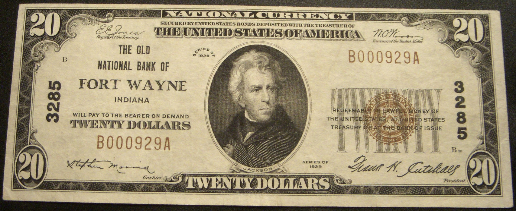 1929 $20 National Bank Note - Fort Wayne, IN Bank# 3285