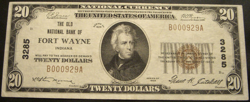 1929 $20 National Bank Note - Fort Wayne, IN Bank# 3285