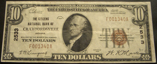 1929 $10 National Bank Note - Crawfordsville, IN Bank# 2533