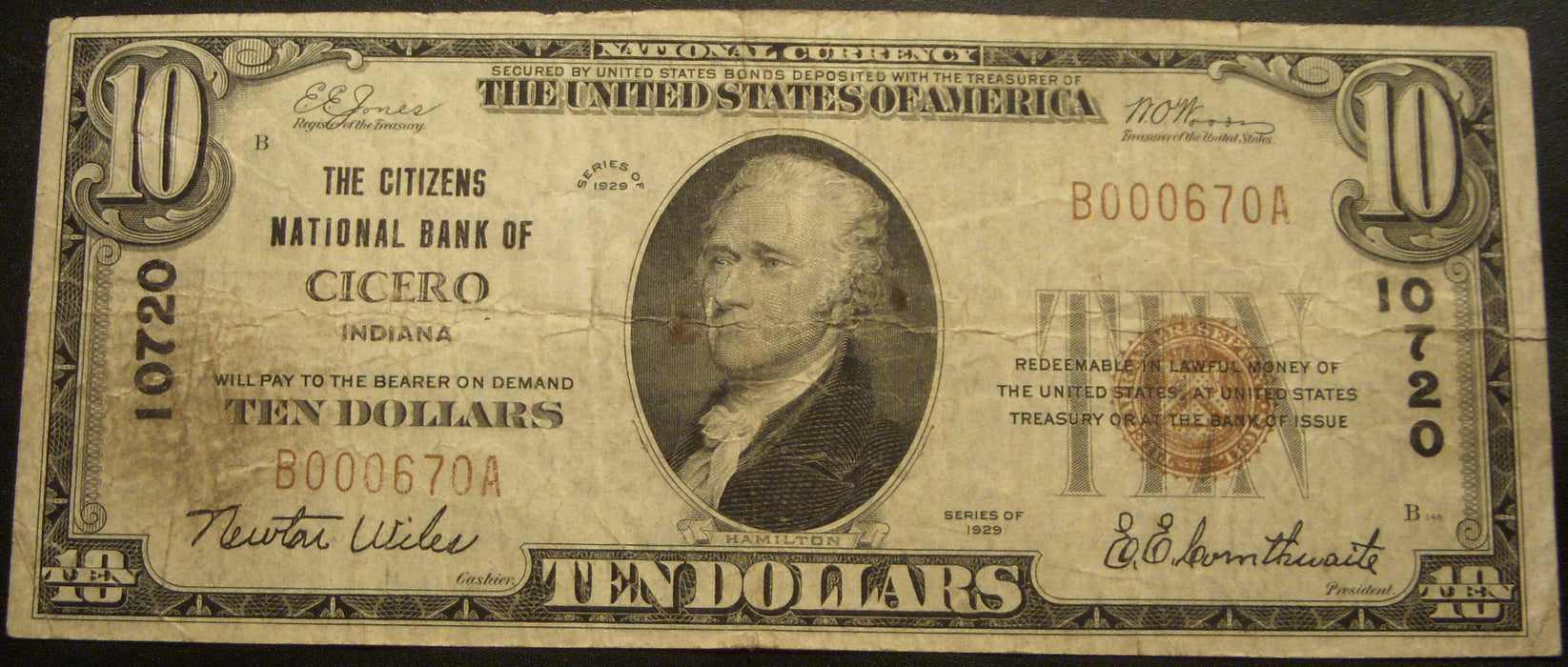 1929 $10 National Bank Note - Cicero, IN Bank# 10720
