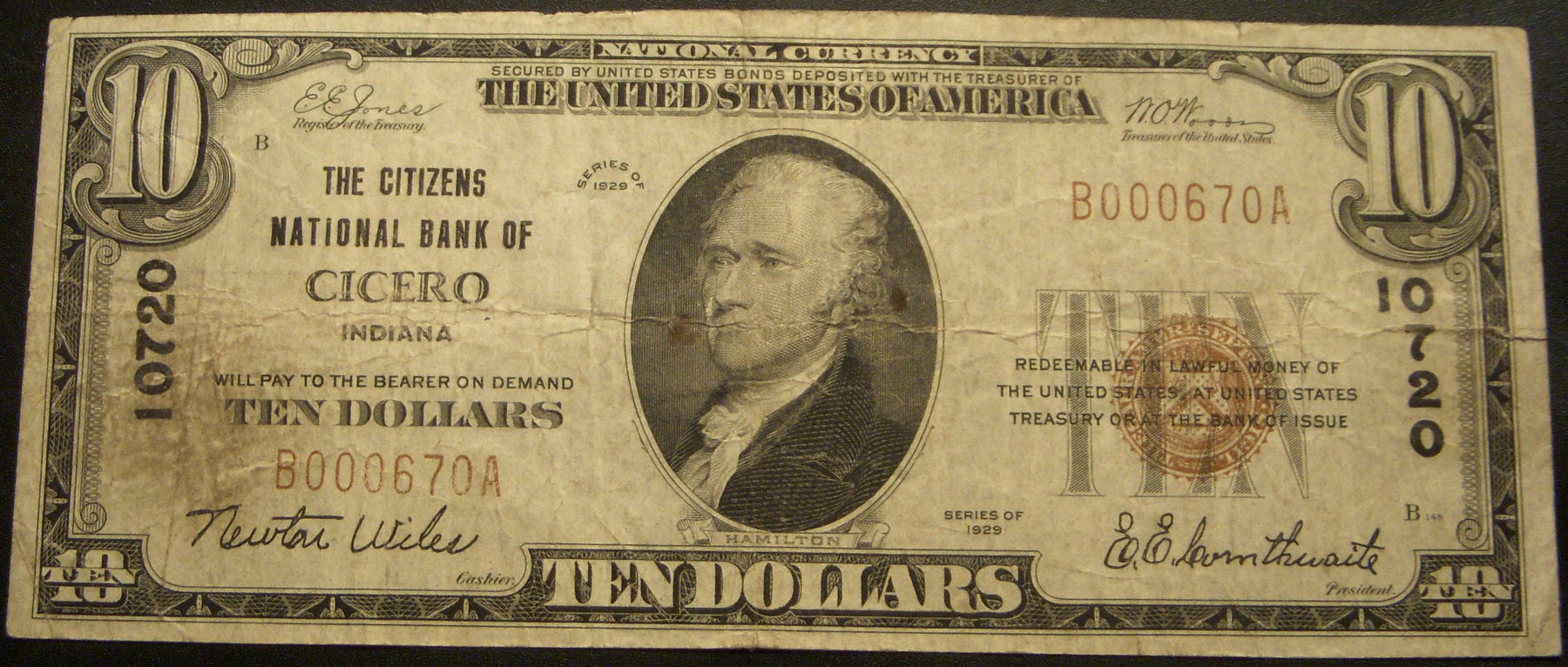 1929 $10 National Bank Note - Cicero, IN Bank# 10720