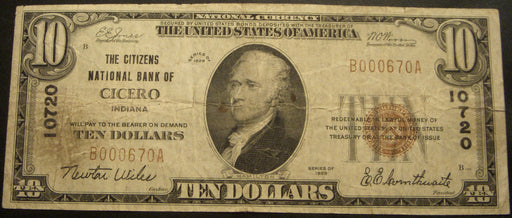 1929 $10 National Bank Note - Cicero, IN Bank# 10720