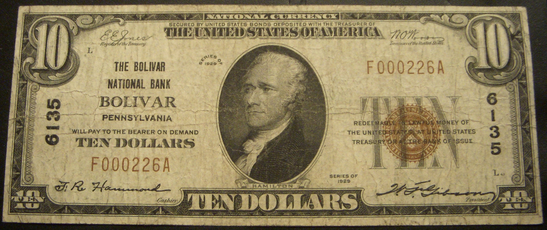 1929 $10 National Bank Note - Bolivar, PA Bank# 6135