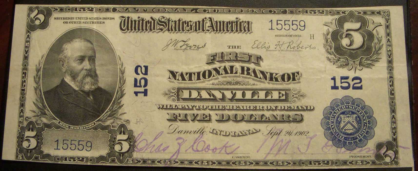 1902PB $5 National Bank Note - Danville, IN Bank# 152
