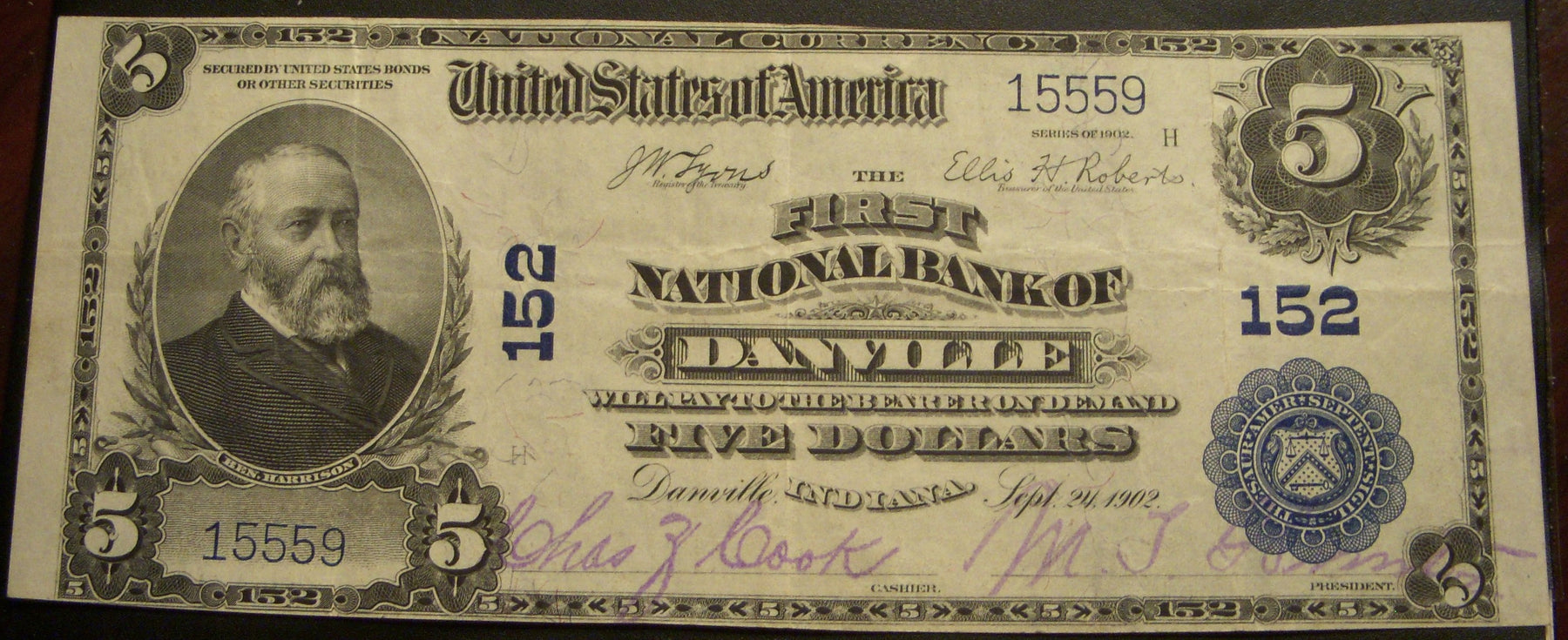1902PB $5 National Bank Note - Danville, IN Bank# 152