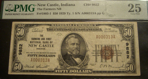 1929 $50 National Bank Note - New Castle, IN Bank# 9852 PMG VF25
