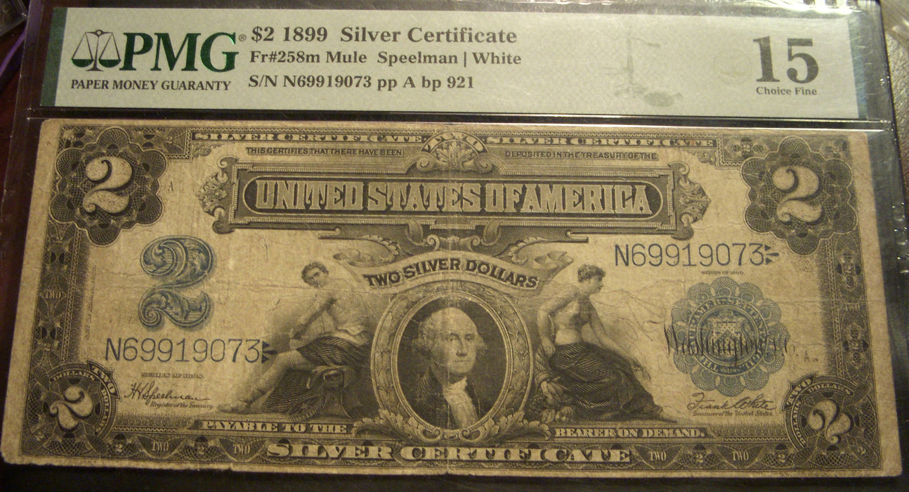 1899 $2 Silver Certificate - FR# 258m Mule PMG Choice F15