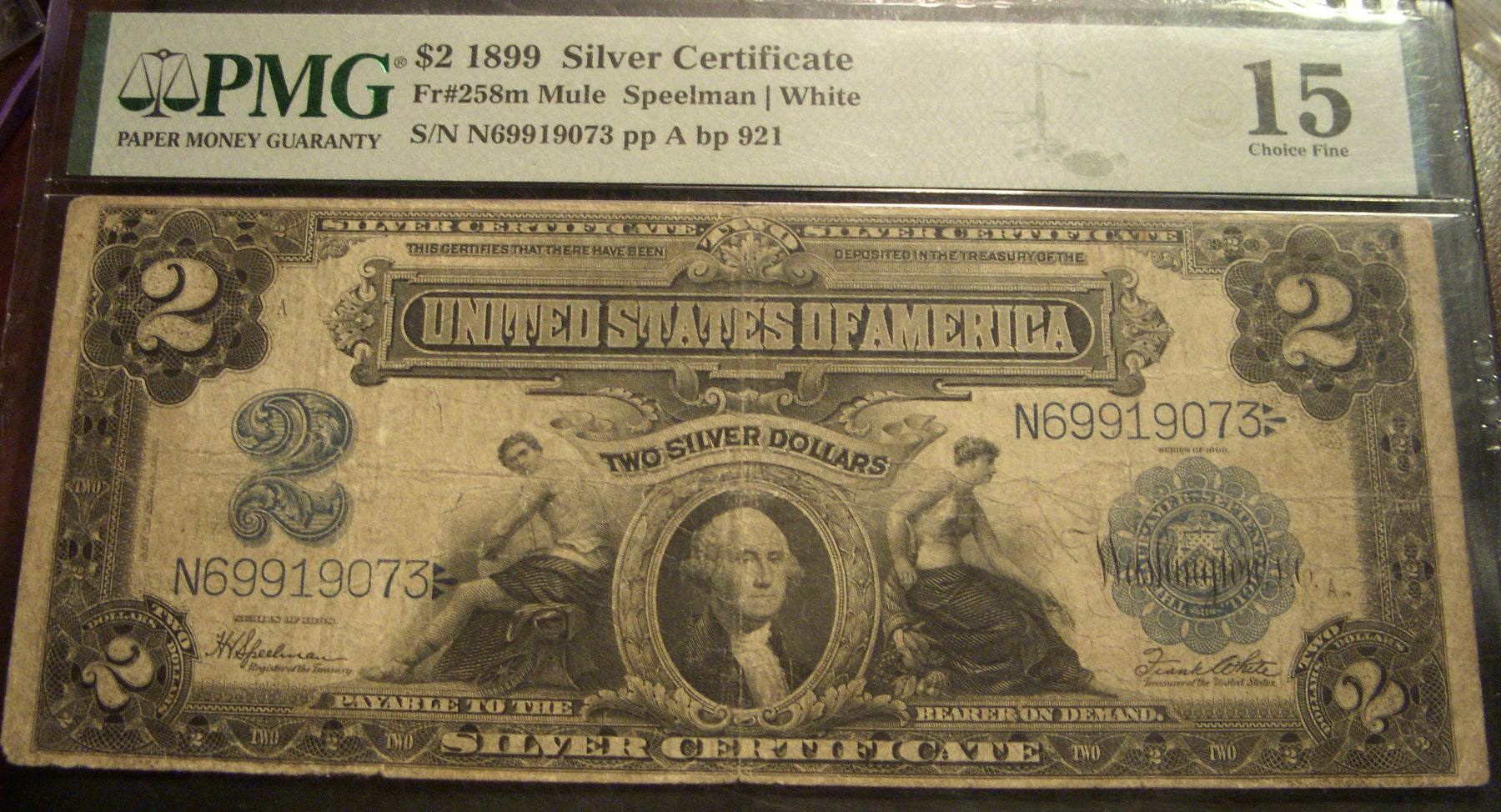1899 $2 Silver Certificate - FR# 258m Mule PMG Choice F15
