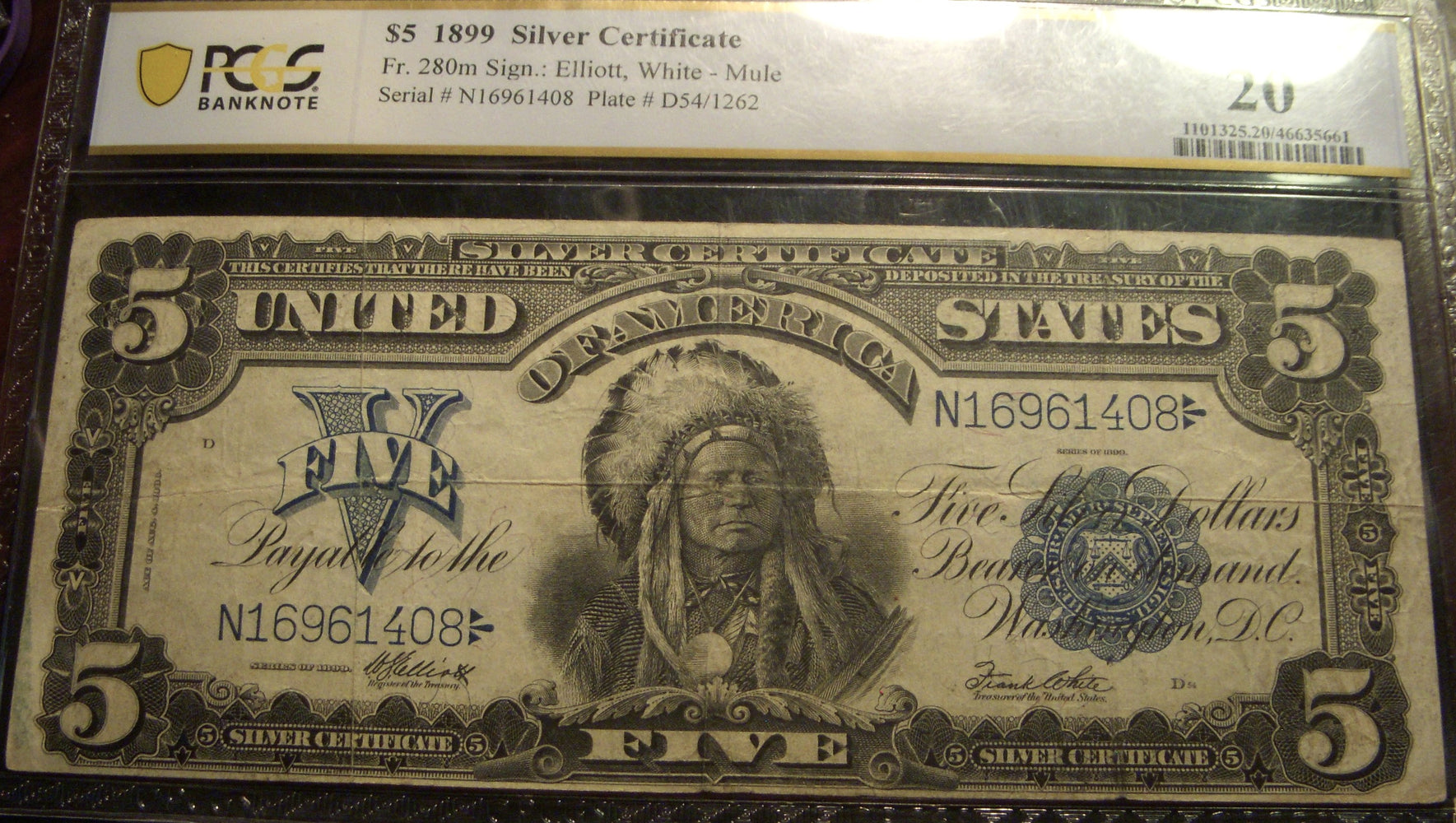 1899 $5 Silver Certificate - FR# 280m Mule PCGS VF20