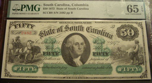1872 $50 South Carolina Revenue Bond Scrip - PMG Gem 65 EPQ