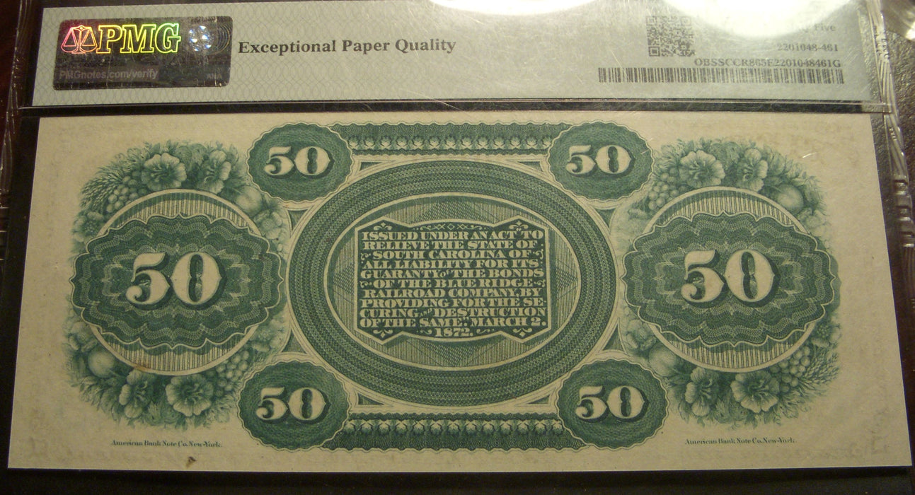 1872 $50 South Carolina Revenue Bond Scrip - PMG Gem 65 EPQ