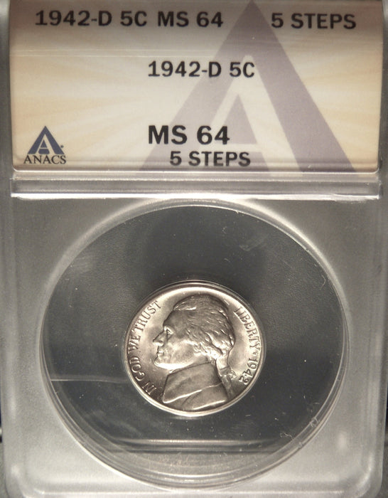1942-D Jefferson Nickel - ANACS MS 64 5 Steps
