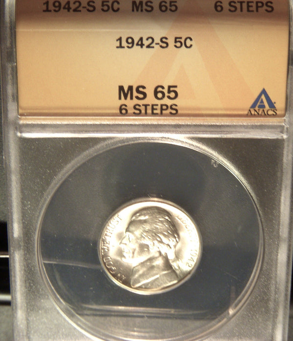 1942-S Jefferson Nickel - ANACS MS 65 6 Steps
