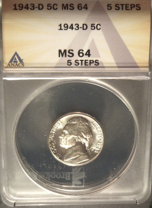 1943-D Jefferson Nickel - ANACS MS 64 5 Steps