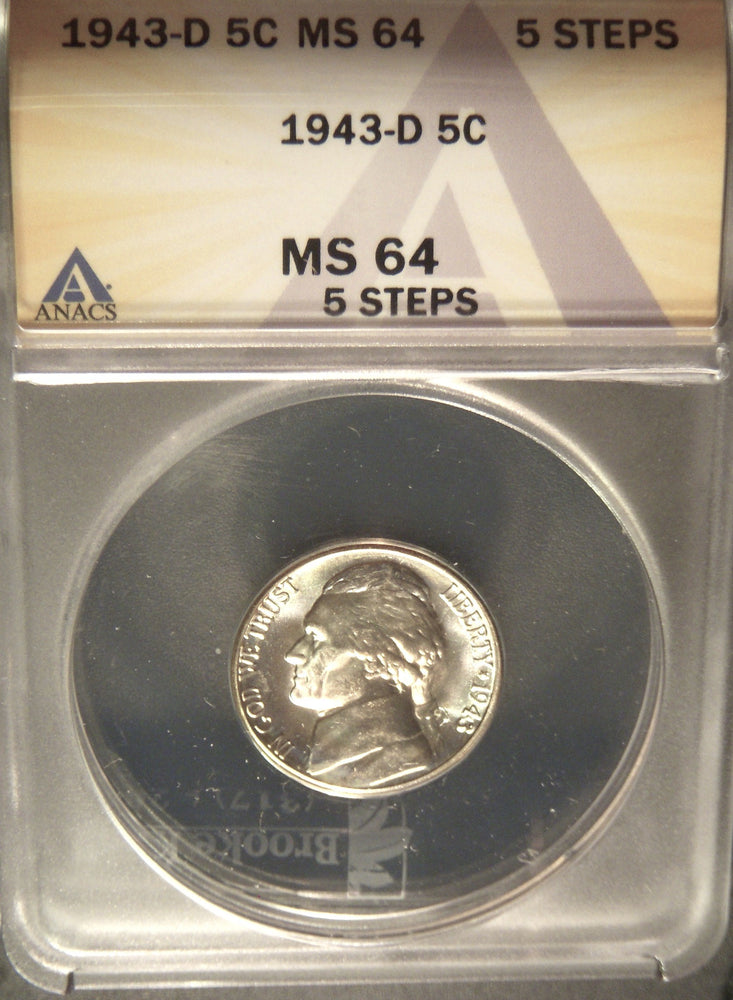1943-D Jefferson Nickel - ANACS MS 64 5 Steps