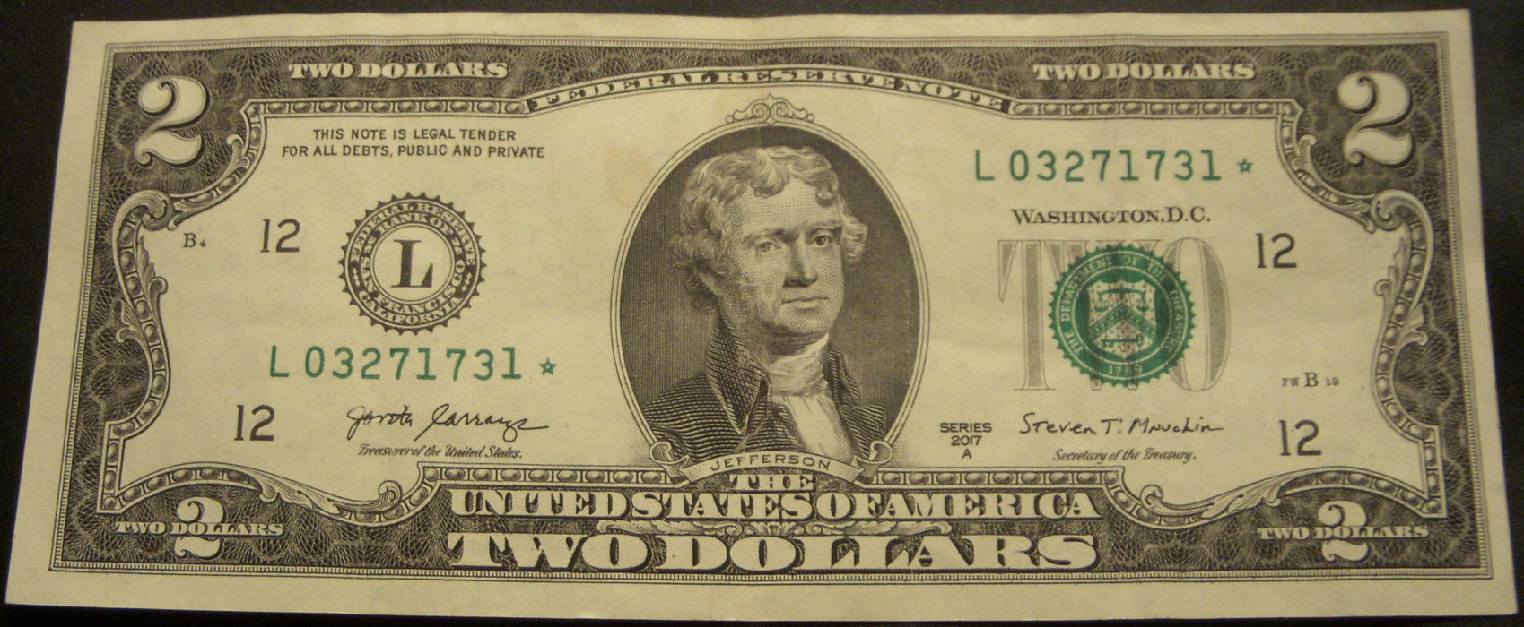 2017A (L) $2 Federal Reserve Note - STAR Note