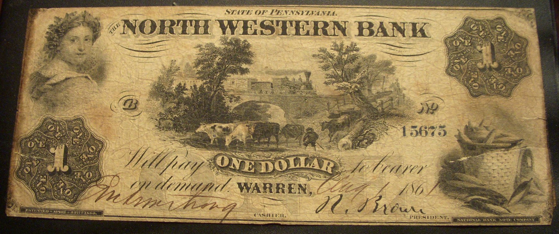 1861 $1 North Western Bank, PA Obsolete Note