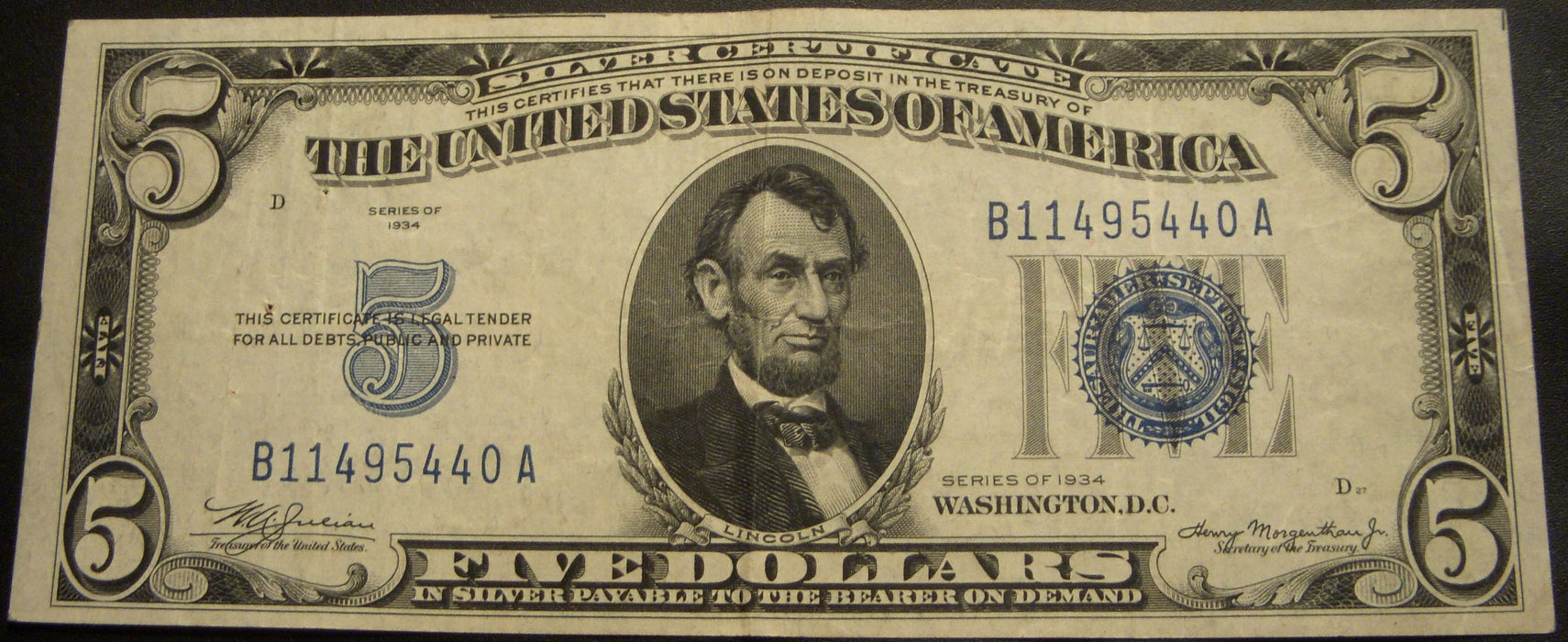 1934 $5 Silver Certificate - FR# 1650