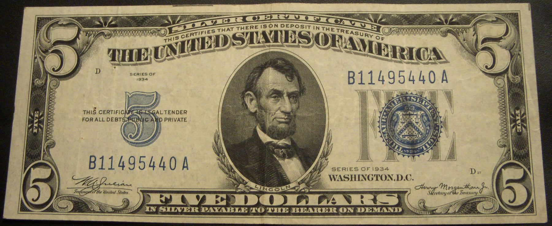 1934 $5 Silver Certificate - FR# 1650