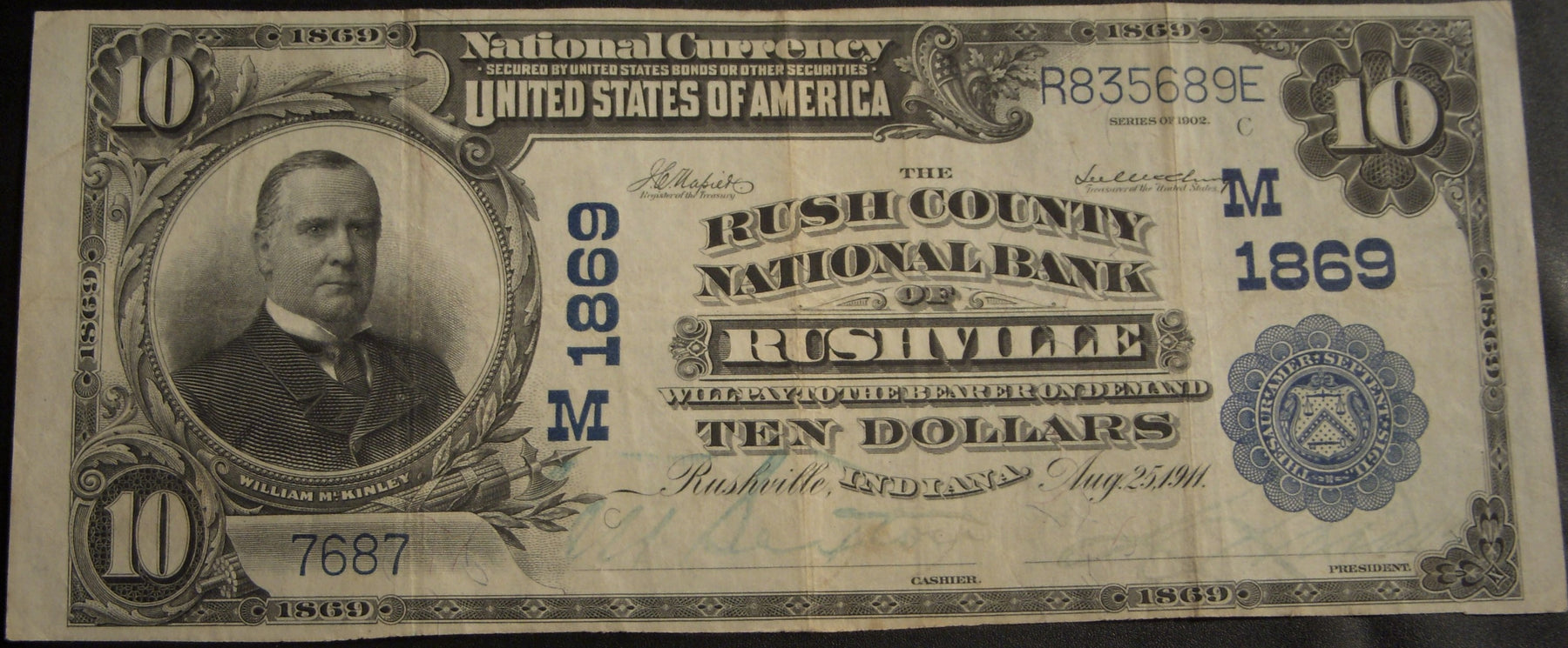 1902PB $10 National Bank Note - Rush County National Rushville, IN Bank# 1869