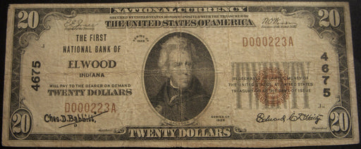 1929 $20 National Bank Note - Elwood, IN Bank# 4675