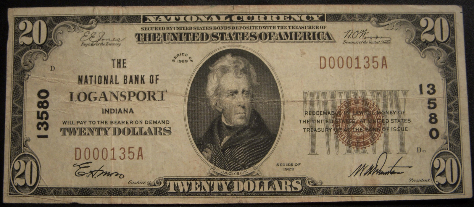 1929 $20 National Bank Note - Logansport, IN Bank# 13580