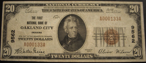 1929 $20 National Bank Note - Oakland City. IN Bank# 9562