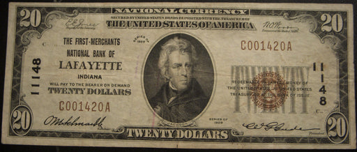 1929 $20 National Bank Note - Lafayette. IN Bank# 11148