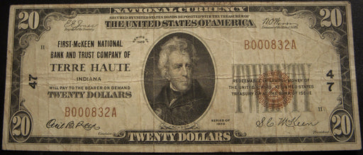 1929 $20 National Bank Note - Terre Haute, IN Bank# 47