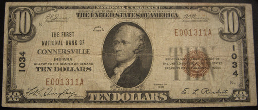 1929 $10 National Bank Note - Connersville, IN Bank# 1034
