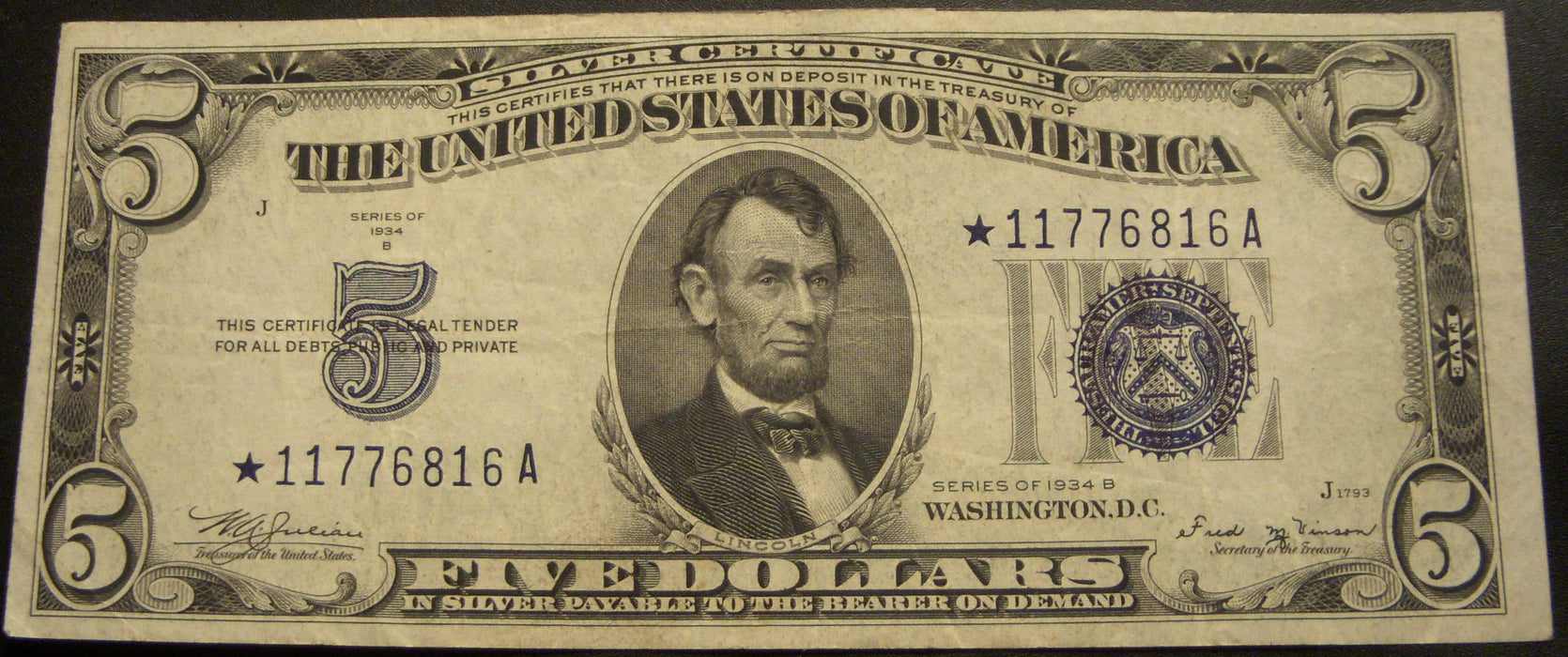 1934B $5 Silver Certificate - FR# 1652* STAR Note