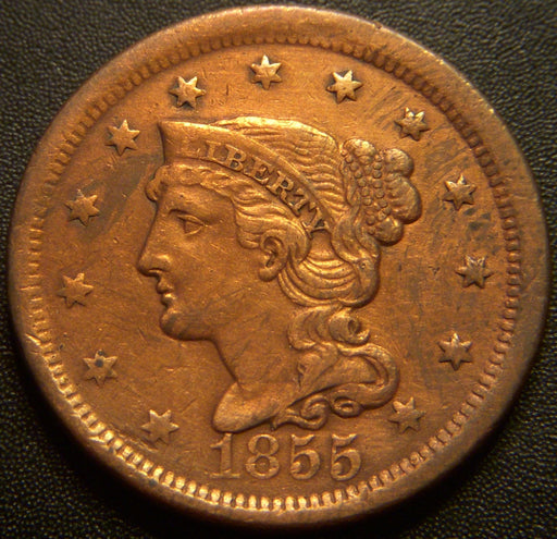 1855 Large Cent - Upright 5 Very Fine Details