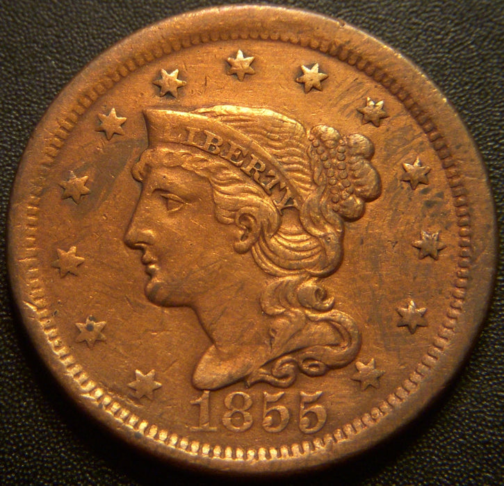 1855 Large Cent - Upright 5 Very Fine Details