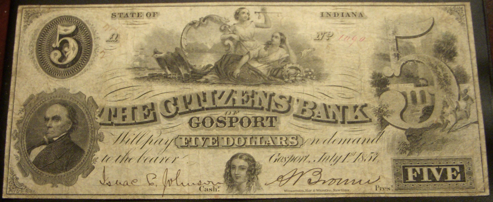 1857 $5 Citizens Bank Gosport, IN Obsolete Note