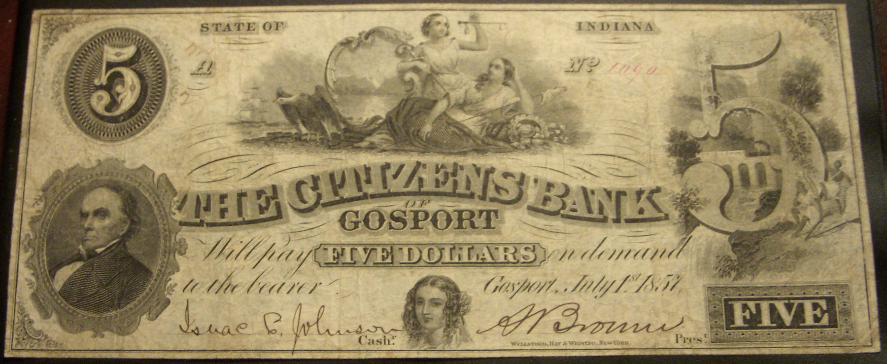 1857 $5 Citizens Bank Gosport, IN Obsolete Note