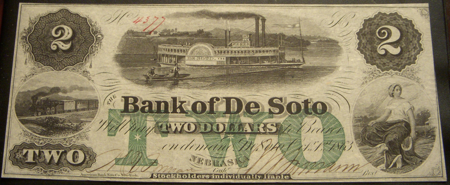 1863 $2 Bank of De Soto, NE Obsolete Note