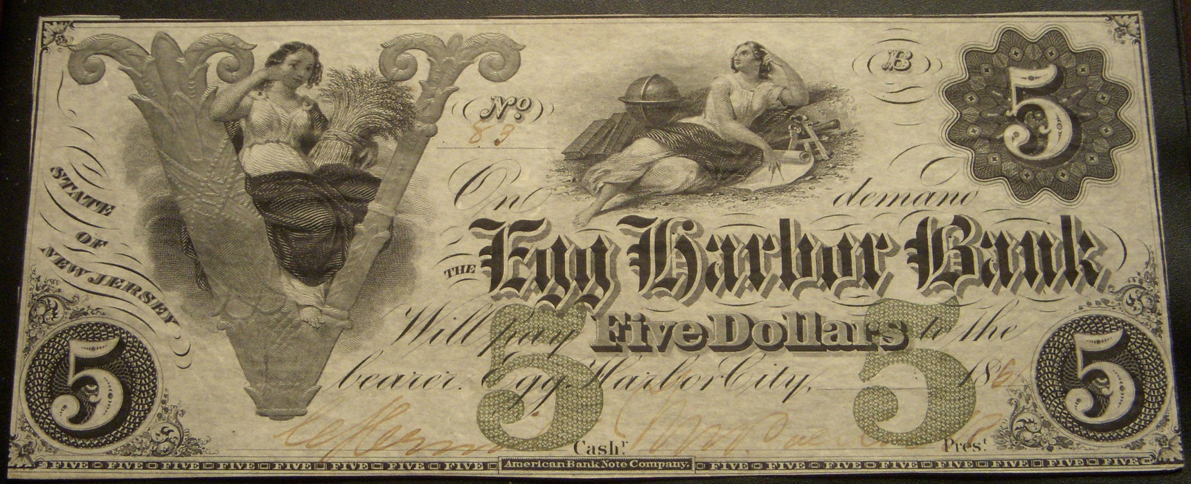 1861 $5 Egg Barber Bank, NJ Obsolete Note