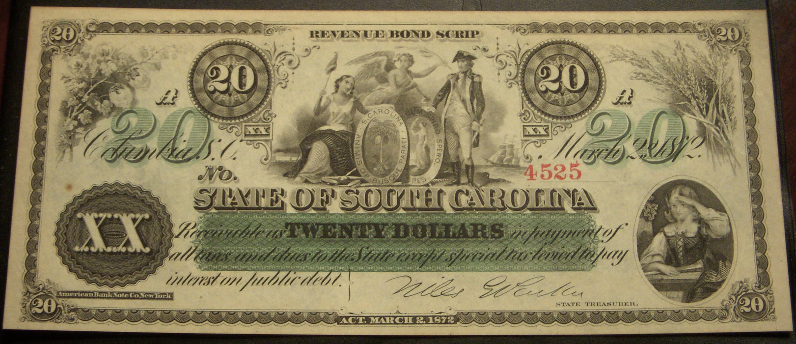 1872 $20 South Carolina Revenue Bond Obsolete Note
