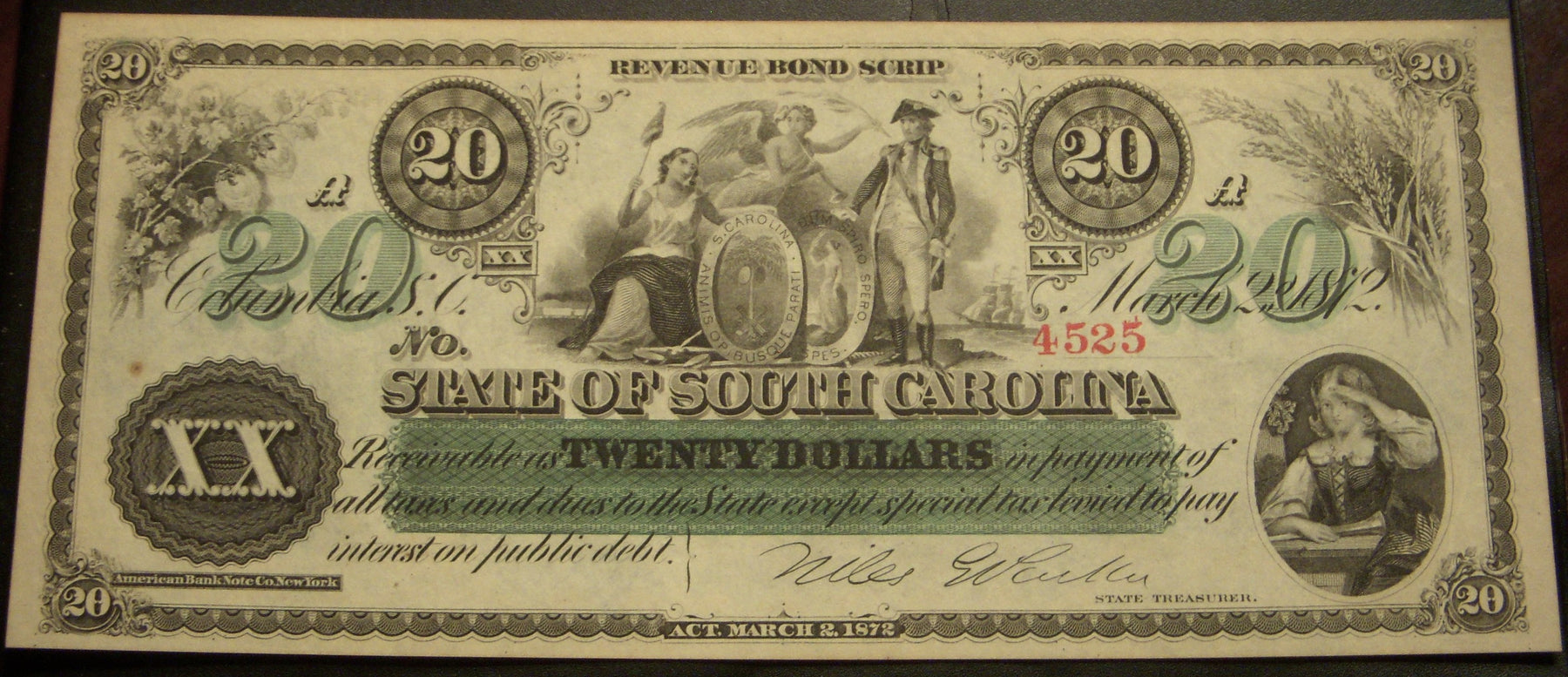 1872 $20 South Carolina Revenue Bond Obsolete Note
