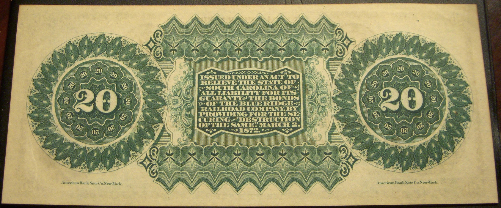 1872 $20 South Carolina Revenue Bond Obsolete Note