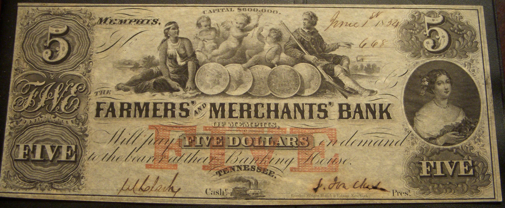 1854 $5 Famers Merchants Bank, TN Obsolete Note